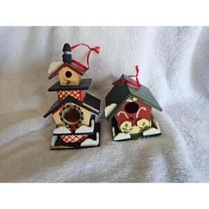 (2) Vintage 1997 House Of Lloyd Wood Bird Houses Christmas Ornaments Multicolor